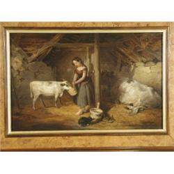 Circle of William Bromley (fl. 1835-1888) A GIRL IN A STABLE FEEDING A CALF BESIDE A COW AND A...
