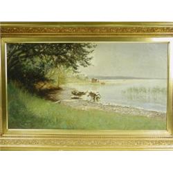 Olaf Viggo Langer (1860-1942) A LAKESIDE SCENE WITH FIGURES IN ROWING BOATS NEAR A JETTY Si...