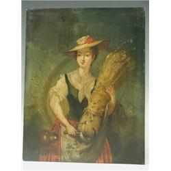 English School- 19th Century PORTRAIT OF A LADY HARVESTER, in 18th Century style oil on pan...