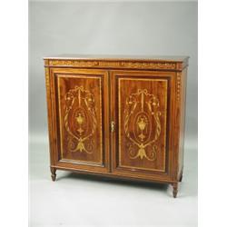 An Edwardian mahogany side cabinet, with an inlaid foliate scroll frieze above two cupboard do...