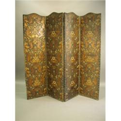 A Victorian four fold draught screen decorated with coloured embossed paper flower design pane...
