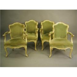 A set of four early 19th Century (?) continental salon chairs, each with an upholstered back a...