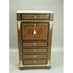 A late 19th Century amboyna escritoire with bands of inlaid mother of pearl inlay, stringing c...