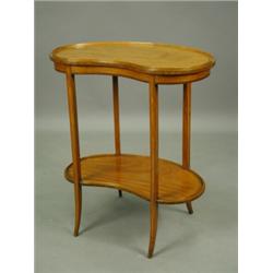 An Edwardian satinwood, inlaid and crossbanded two tier kidney shape occasional table, 62cm wi...