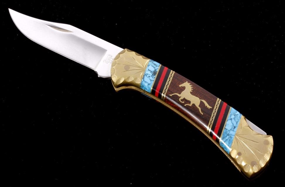 Navajo Dave Yellowhorse Buck Inlaid Knife in Box