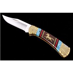 Navajo Dave Yellowhorse Buck Inlaid Knife in Box