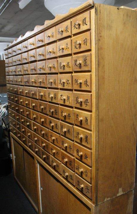 Old Traditional Oak Wood Korean Herbal Medicine Cabinet