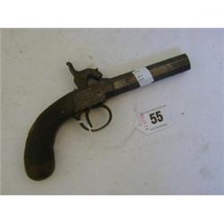 A MID 19TH CENTURY PERCUSSION MUFF PISTOL, octagonal turn-off barrel, box frame with foliage engr...