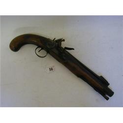 AN EARLY 19TH CENTURY FLINTLOCK HOLSTER PISTOL, with top loaded spring bayonet, octagonal barrel,...
