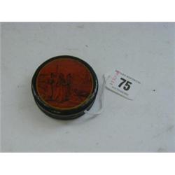 A PAPIER MACHE CIRCULAR BOX, Georgian, printed cover 'Life in London', diameter 6cm...