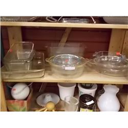 SHELF LOT OF BREAD BAKING DISHES GLASS MISC