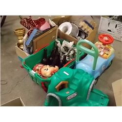 LARGE LOT MISC - BOXES, TOYS, BOTTLES, BAKING PANS