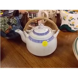 TEA POT - WICKER WRAPPED HANDLE WITH BLUE DESIGN