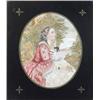 Image 1 : A Victorian silkwork picture of a girl, wearing long pink dress and holding a rose, watercolour f...