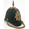 Image 1 : A post 1902 Royal Guernsey Light Infantry helmet, blue cloth bound with gilt copper spike finial...