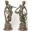 Image 1 : L & F Moreau, a pair of French late 19th century spelter maidens, one with a lyre the other a har...