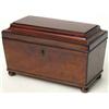 Image 1 : A Regency mahogany sarcophagus tea caddy, with two canisters and glass bowl, 11.5ins...