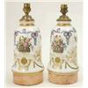 Image 1 : A pair of French porcelain table lamps, of slender bell-form, painted with wild birds and baskets...