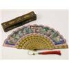Image 1 : A late 19th century Oriental fan, the lacquered sticks and guards painted with figures in cartouc...