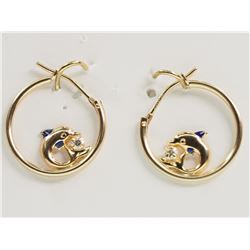 10KT GOLD CUBIC ZIRCONIA  DOLPHIN HOOP EARRINGS