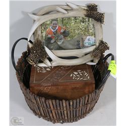 WICKER BASKET WITH ANTLER PICTURE FRAME + WOOD