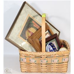 WICKER BASKET FILLED WITH ROOSTER COLLECTIBLES