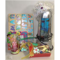 BOX OF NEW AND GENTLY USED GIRLS TOYS INCL. 2