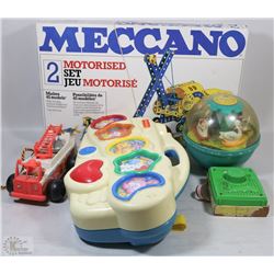 FLAT OF VINTAGE ITEMS MECCANO SET,FISHER PRICE MUSIC BOX