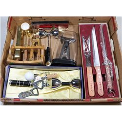 FLAT OF BAR UTENSILS AND CARVING SET