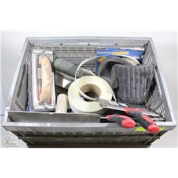 CRATE FULL OF PLASTERING TOOLS INCLUDING TROWELS,