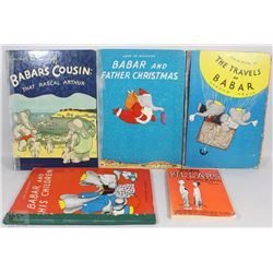 4 BABAR ANTIQUE HARD COVER BOOKS FROM 1930-40 AND