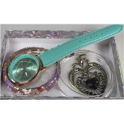 TRAY OF COLORFUL FASHION JEWELRY INCL WATCH,