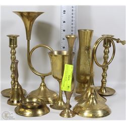 COLLECTION OF BRASS BELLS+CANDLESTICK HOLDERS