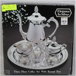 ELEGANCE IN SILVER 3PC COFFEE SET WITH ROUND TRAYN