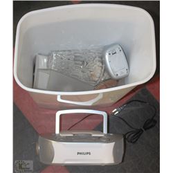 GARBAGE CAN WITH PHILIPS CD PLAYER AND OTHER