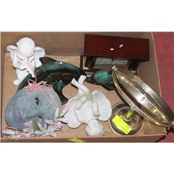 BOX OF FIGURINES, MASK, CLOCK, AND MIRROR