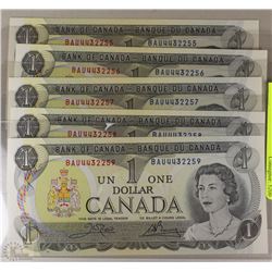 1973 UNCIRCULATED SEQUENTIAL SERIAL NUMBERS $1 X5