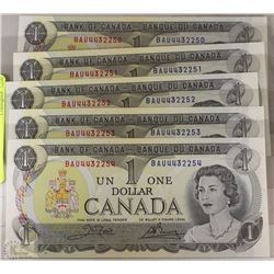 1973 UNCIRCULATED SEQUENTIAL SERIAL NUMBERS $1 X5