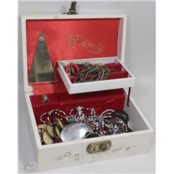 WHITE WOODEN JEWELRY BOX WITH CONTENTS