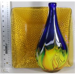 AMBER PLATTER AND HEAVY GLASS VASE