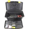 Image 1 : TOOL BOX WITH 2 CRESCENT WRENCHES, HAMMER, SAW,