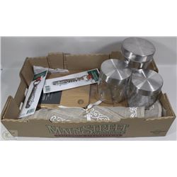 NEW KITCHEN LOT INCL. GLASS CANISTER TRIO, SET OF