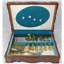 WOODEN FLATWARE BOX WITH GOLD PLATED FLATWARE