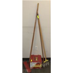 3 LONG HANDLED GARDEN TOOLS AND BOX OF FIRE LOGS