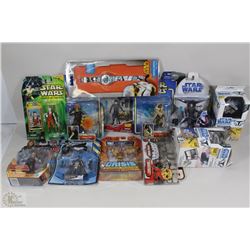 BOX OF STARWARS COLLECTIBLES INCL WATCH, FIGURINES