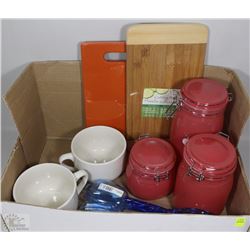 NEW KITCHEN LOT INCL. 3 CORAL GLASS CANISTERS ,