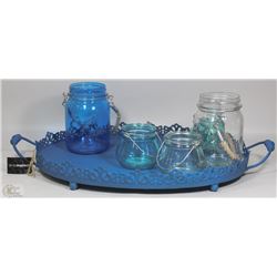 LARGE METAL TRAY WITH 5 GLASS CANDLE HOLDERS