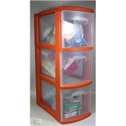 THREE DRAWER PLASTIC ORGANIZER FILLED WITH VARIOUS