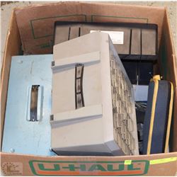 BOX OF ASSORTED NUTS+BOLTS+SCREWS+TOOLS