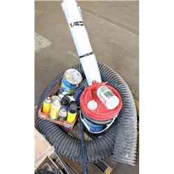 PALLET WITH OIL & EXHAUST HOSE, PRY BAR, TOOLS &